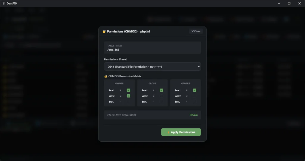 Visual CHMOD Matrix Dialog (Dark Theme)