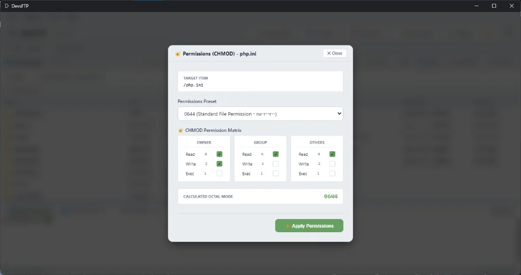 Visual CHMOD Matrix Dialog (Light Theme)