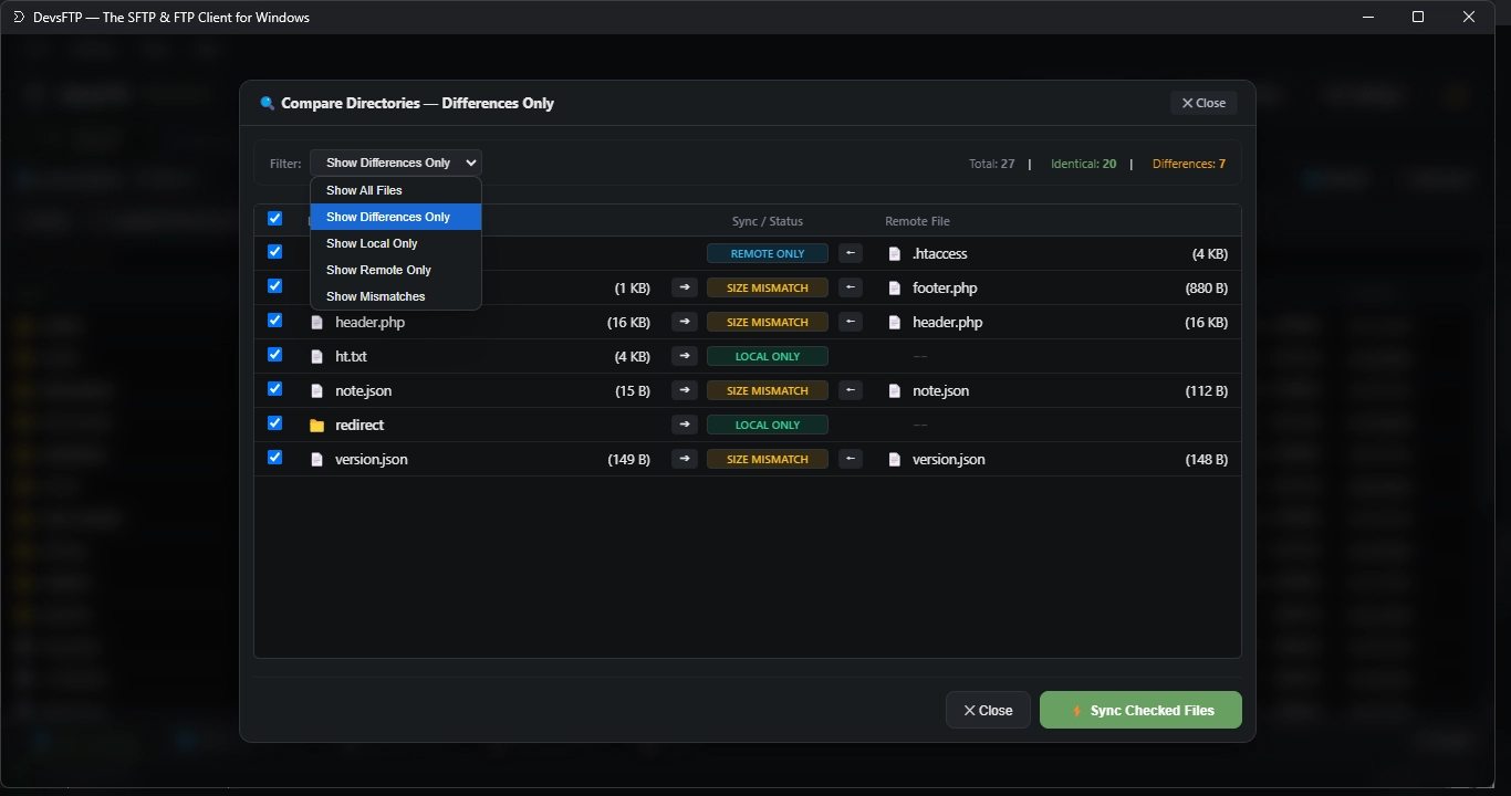 Directory Comparison Modal (Dark Theme)