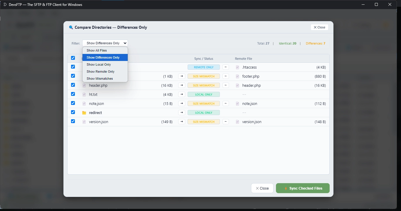 Directory Comparison Modal (Light Theme)