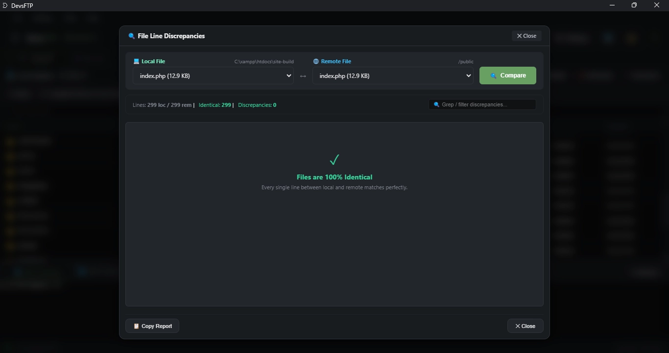 File Discrepancy Viewer with Live Grep Search (Dark Theme)