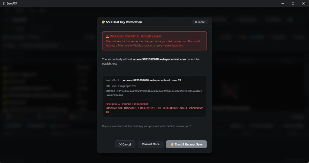 SSH Host Key Verification Warning Dialog (Dark Theme)