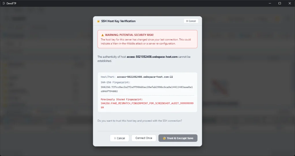 SSH Host Key Verification Warning Dialog (Light Theme)