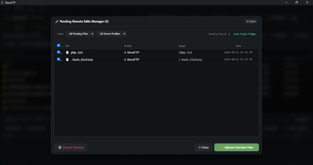 Pending Remote Edits Manager Dialog (Dark Theme)