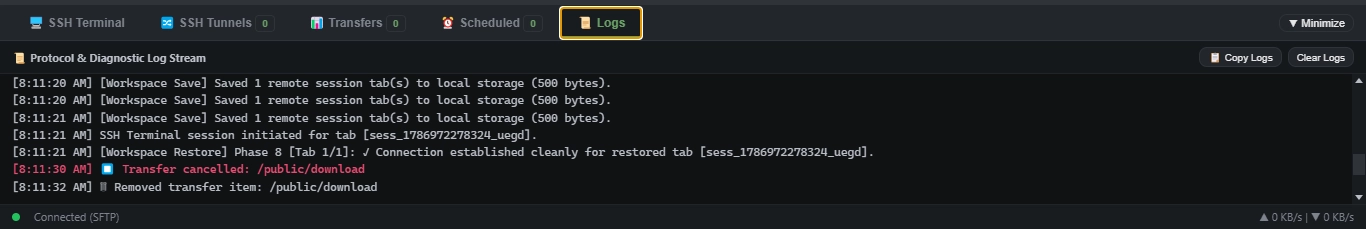 Protocol Log Console (Dark Theme)