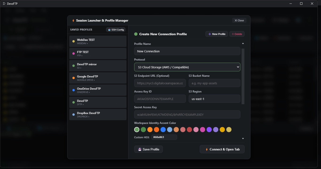 Amazon S3 Connection Setup (Dark Theme)
