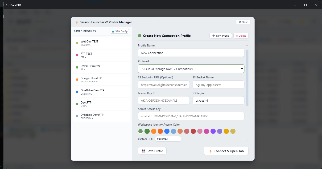 Amazon S3 Connection Setup (Light Theme)