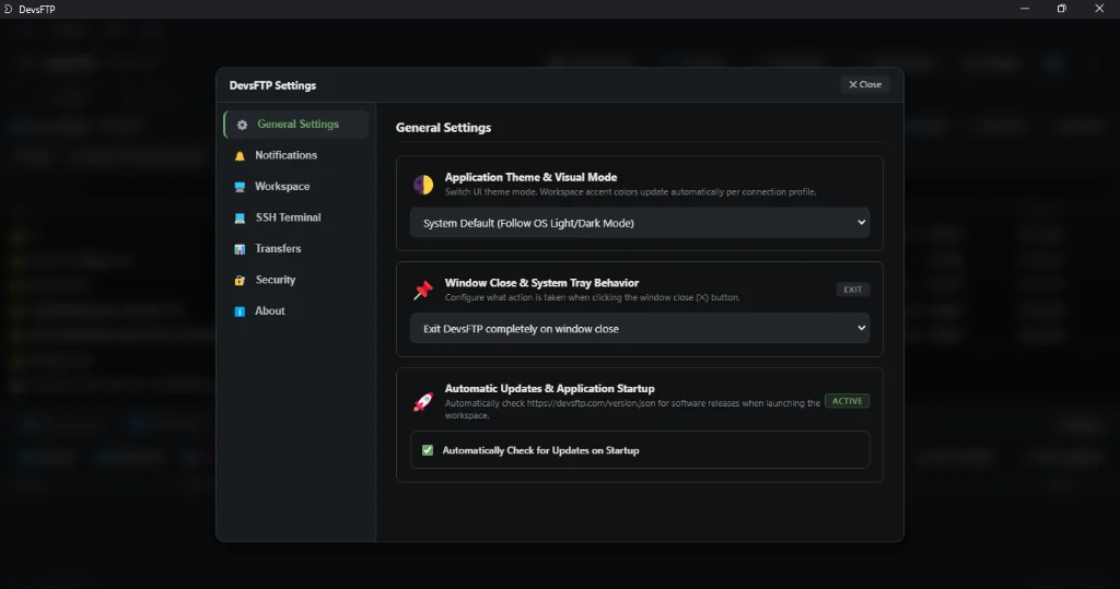 DevsFTP General Settings & Preferences (Dark Theme)