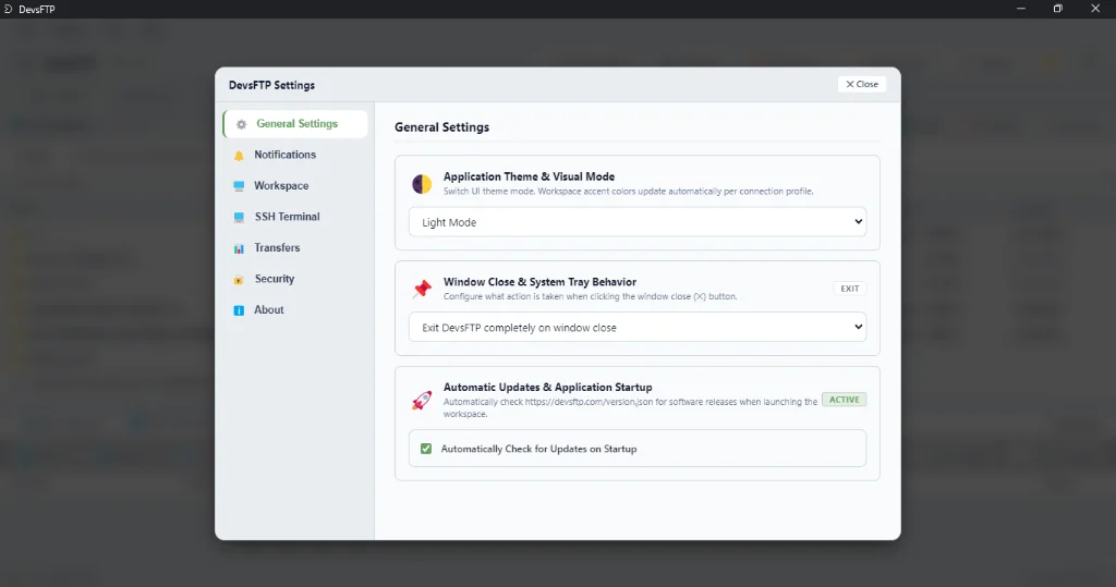 DevsFTP General Settings & Preferences (Light Theme)