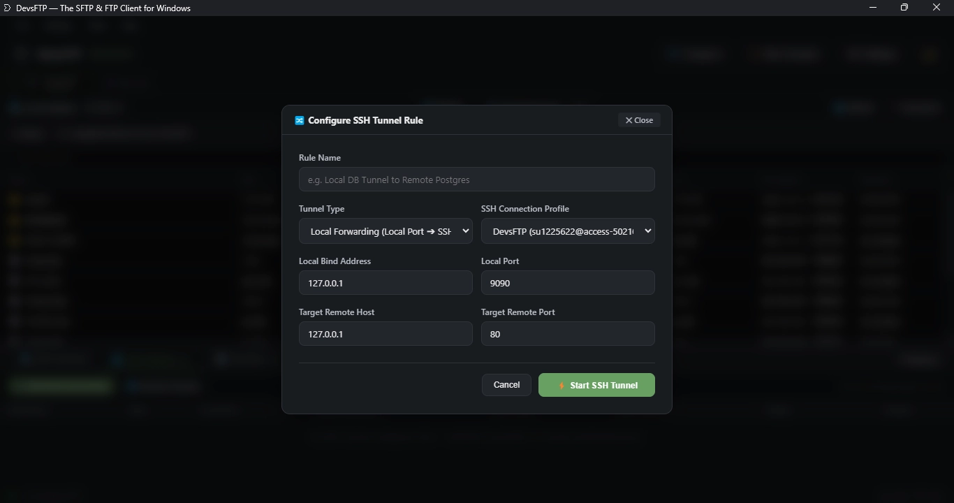 SSH Tunnel Configuration (Dark Theme)
