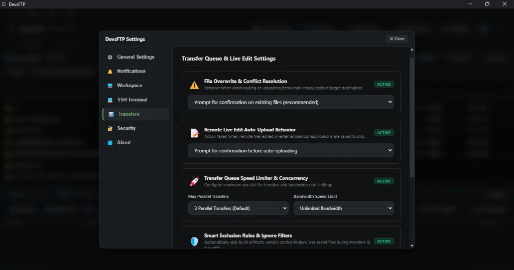 Transfer Queue Concurrency & Speed Limiter Settings (Dark Theme)