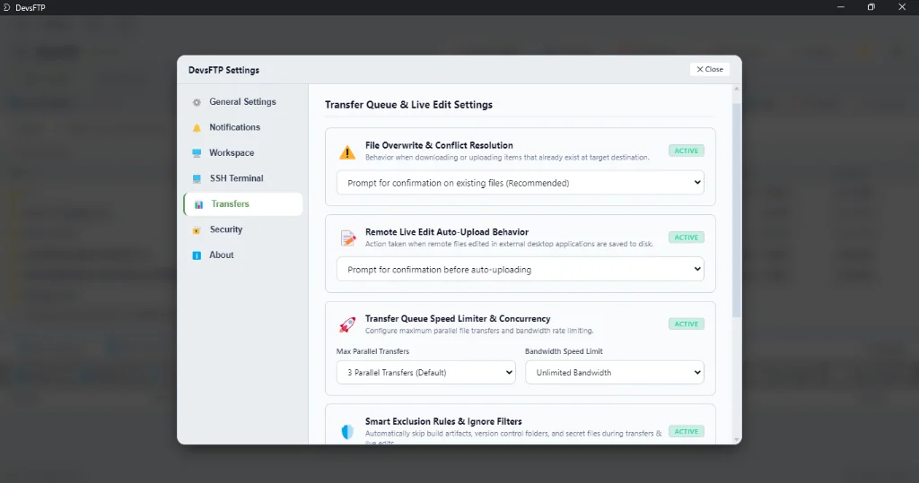 Transfer Queue Concurrency & Speed Limiter Settings (Light Theme)