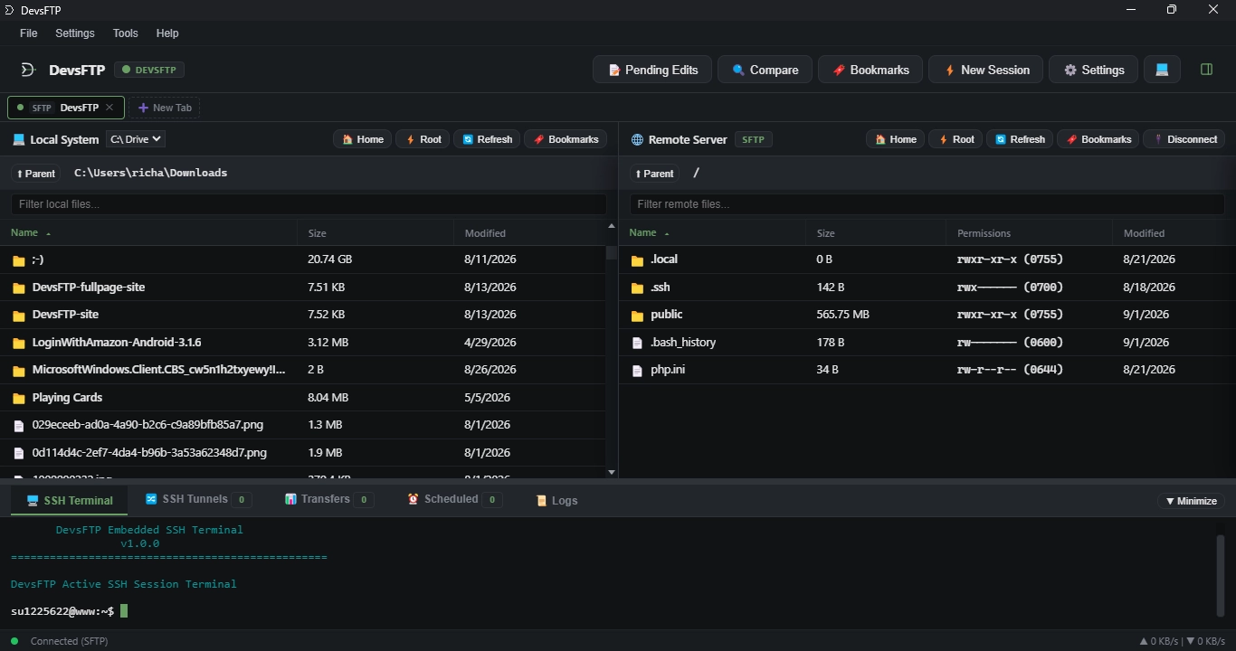 DevsFTP Connected Workspace (Dark Theme)